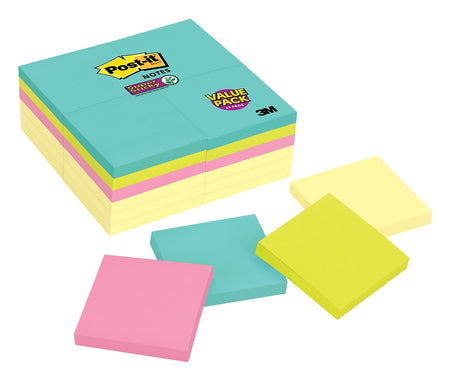 Post-it Super Sticky Notes, 3" x 3", Miami Collection, 90 Sheet/Pad, 24 Pads/Pack