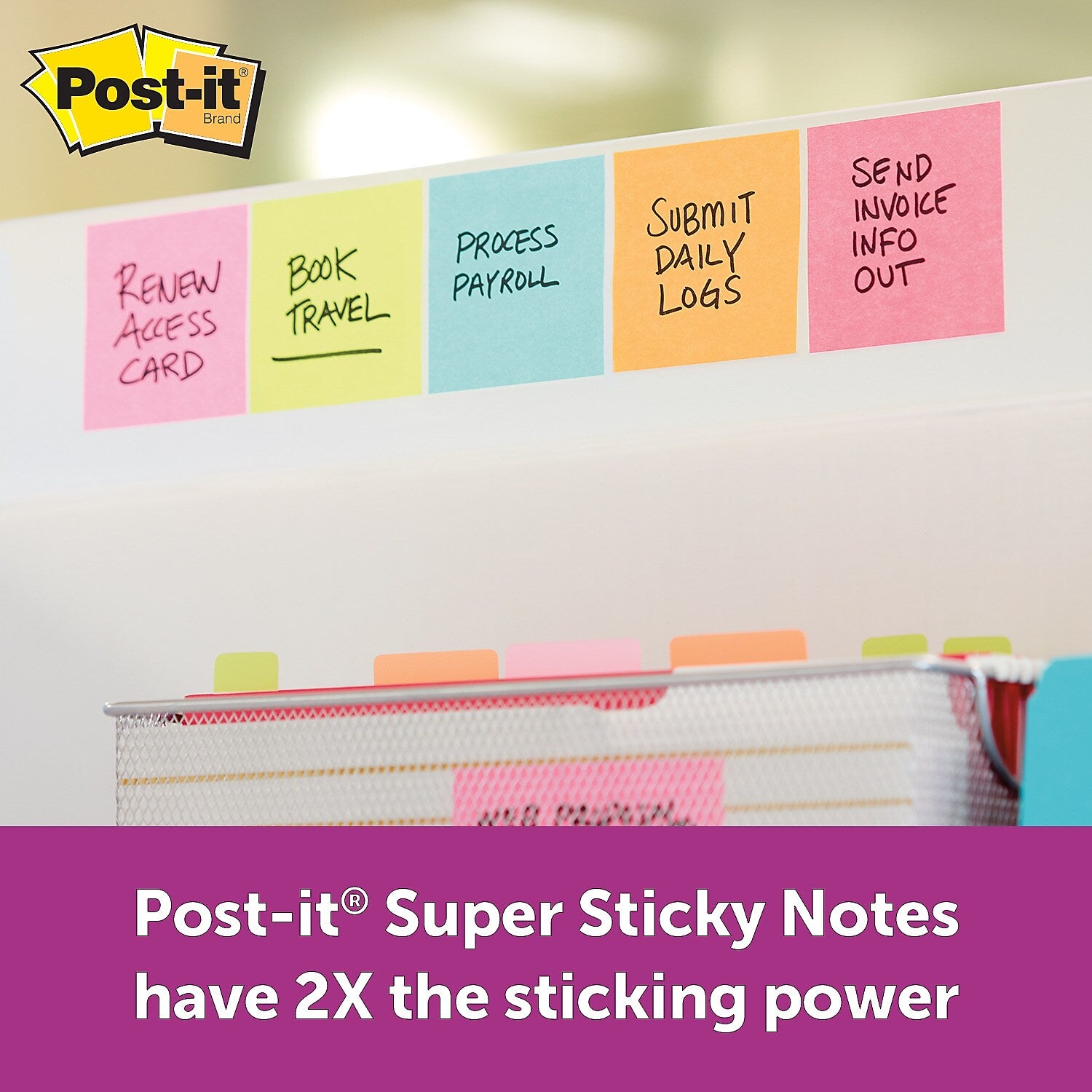 Post-it Super Sticky Notes, 3" x 3", Miami Collection, 90 Sheet/Pad, 24 Pads/Pack