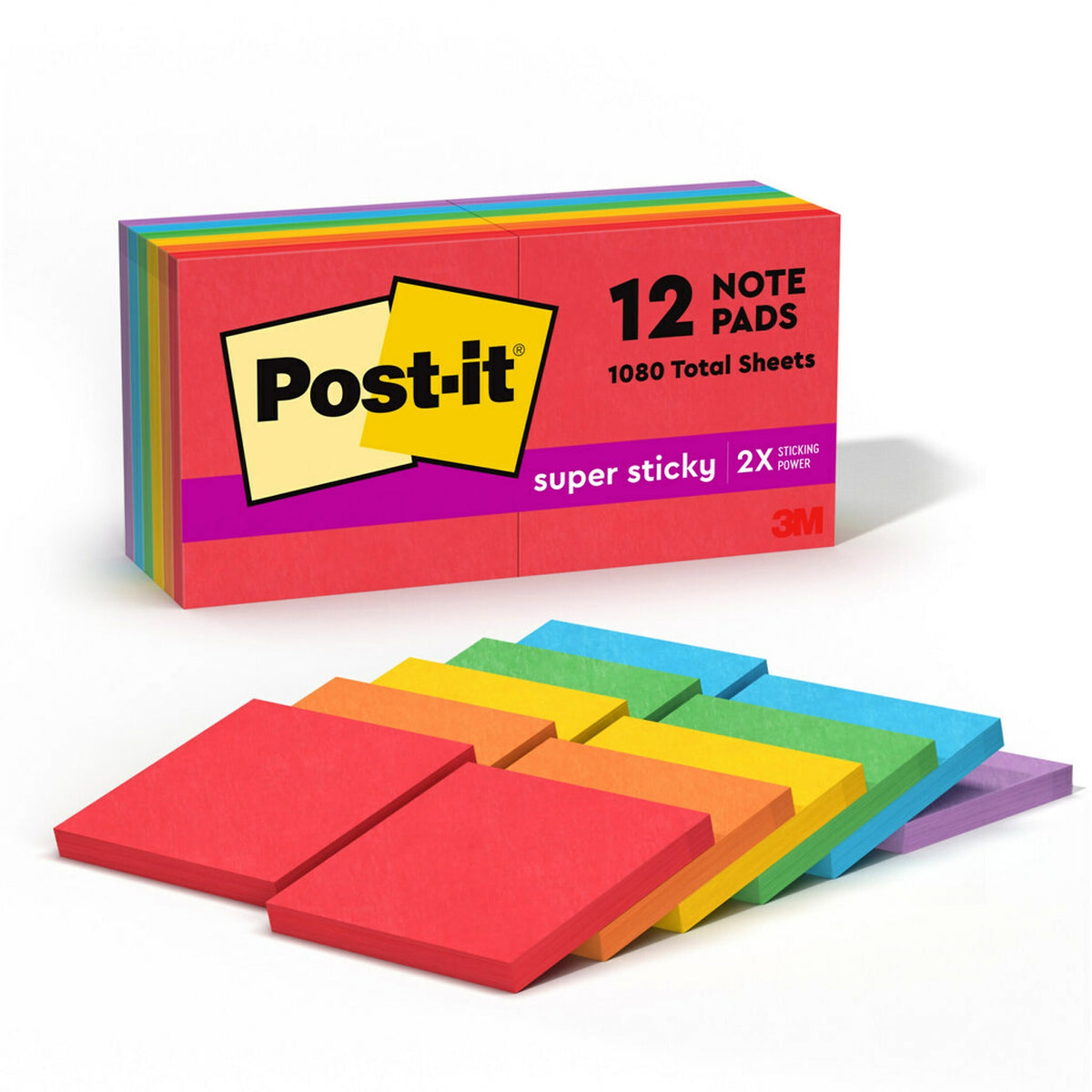 Post-it Super Sticky Notes, 3" x 3", Playful Primaries Collection, 90 Sheet/Pad, 12 Pads/Pack