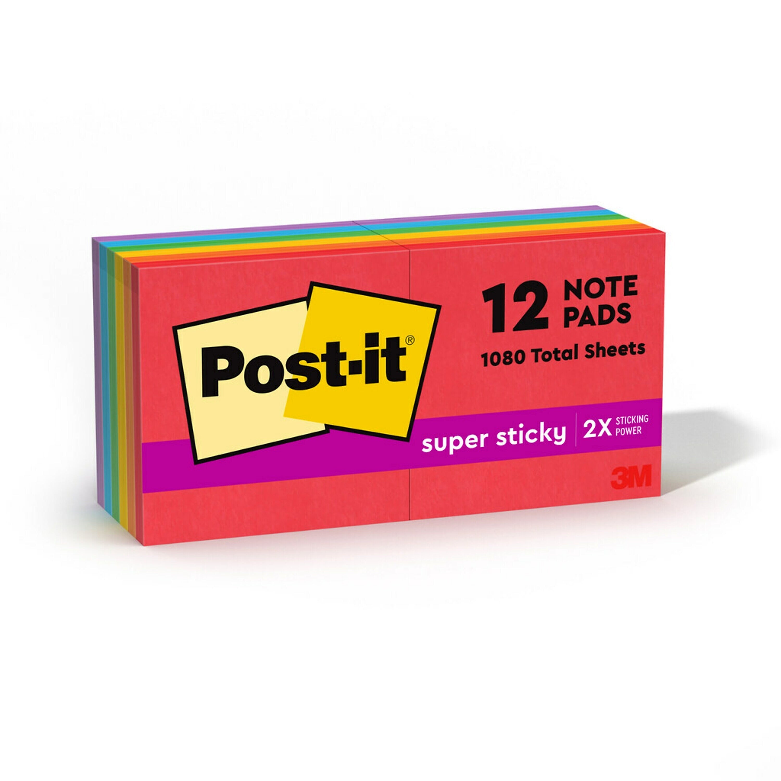 Post-it Super Sticky Notes, 3" x 3", Playful Primaries Collection, 90 Sheet/Pad, 12 Pads/Pack