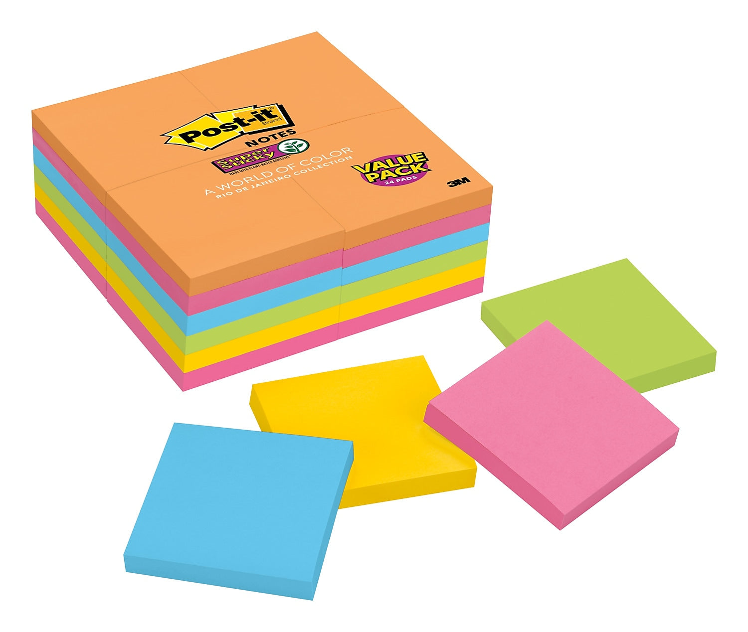 Post-it® Super Sticky Notes, 3" x 3", Rio De Janeiro Collection, 24 Pads/Pack