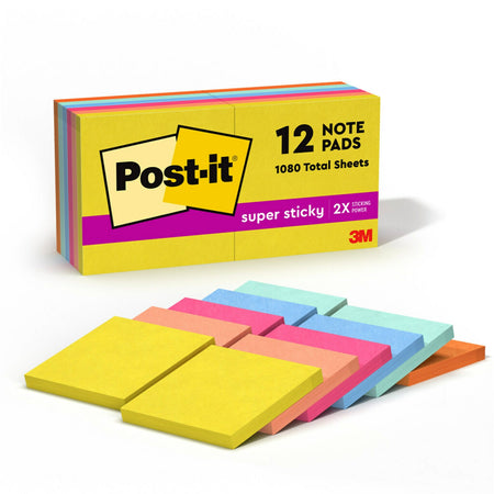 Post-it Super Sticky Notes, 3" x 3", Summer Joy Collection, 90 Sheet/Pad, 12 Pads/Pack