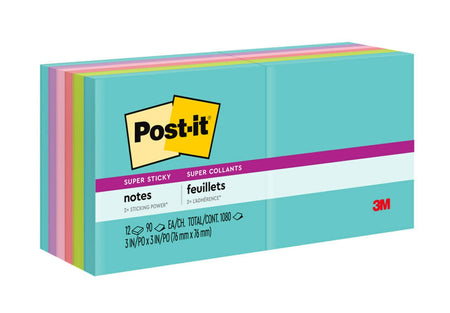 Post-it Super Sticky Notes, 3" x 3", Supernova Neons Collection, 90 Sheet/Pad, 12 Pads/Pack