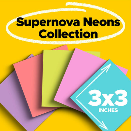 Post-it Super Sticky Notes, 3" x 3", Supernova Neons Collection, 90 Sheet/Pad, 12 Pads/Pack