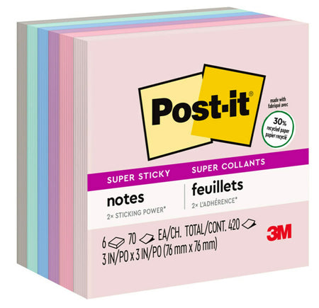 Post-it Super Sticky Notes, 3" x 3", Wanderlust Pastels Collection, 70 Sheet/Pad, 6 Pads/Pack