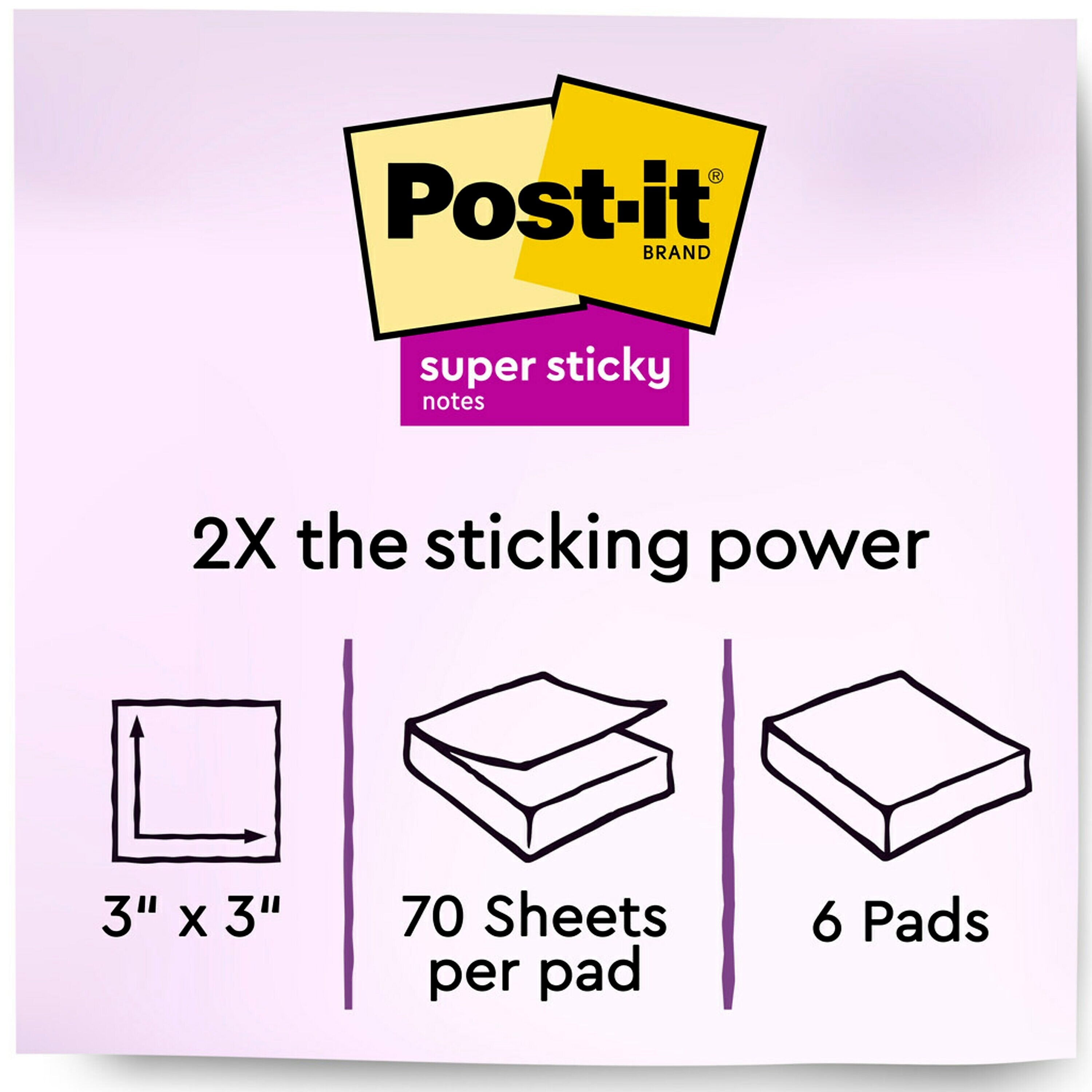 Post-it Super Sticky Notes, 3" x 3", Wanderlust Pastels Collection, 70 Sheet/Pad, 6 Pads/Pack