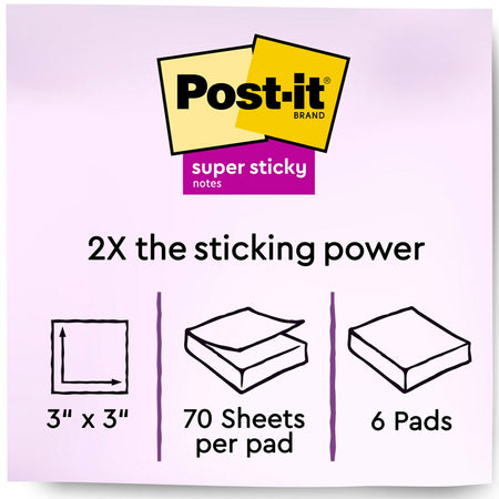 Post-it Super Sticky Notes, 3" x 3", Wanderlust Pastels Collection, 70 Sheet/Pad, 6 Pads/Pack