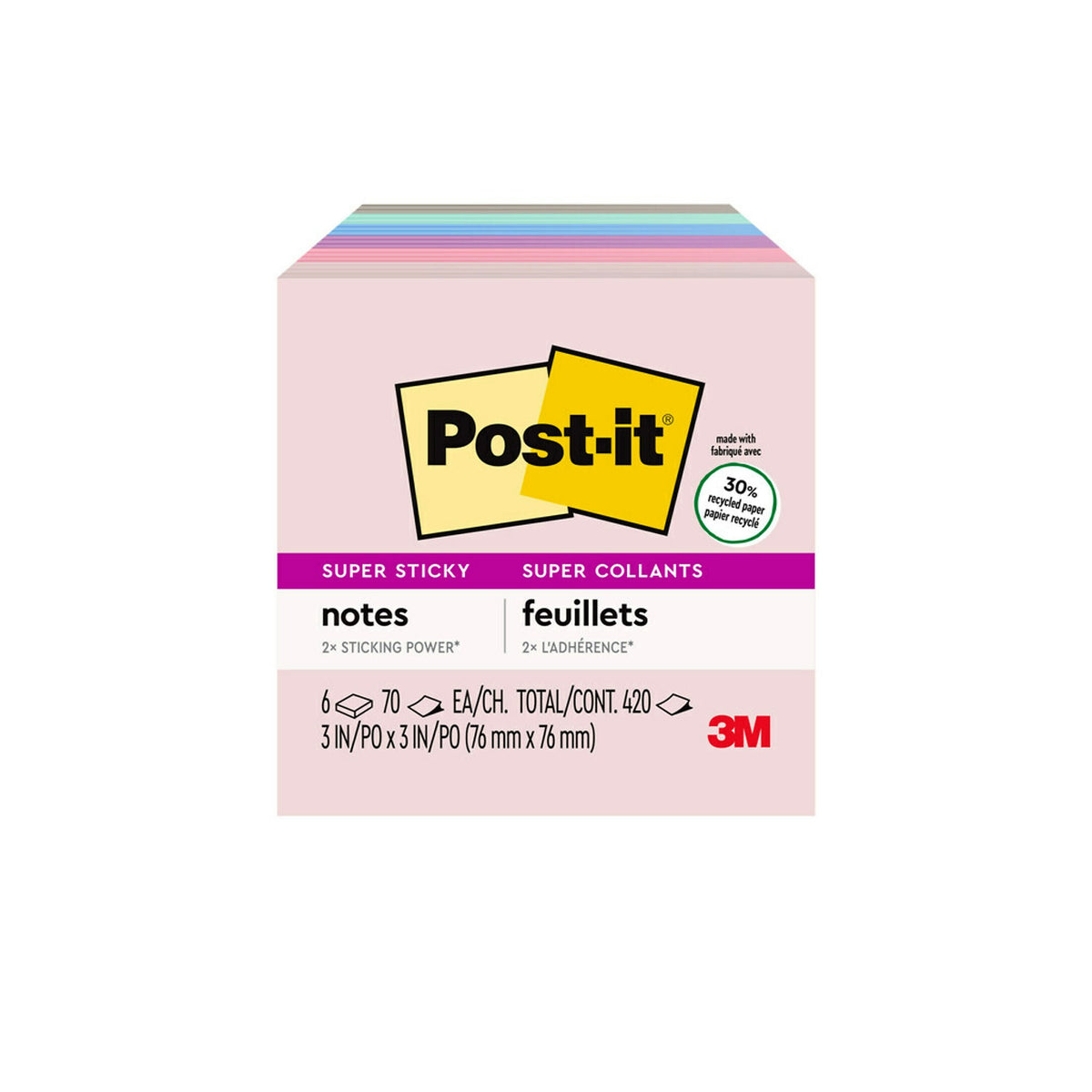 Post-it Super Sticky Notes, 3" x 3", Wanderlust Pastels Collection, 70 Sheet/Pad, 6 Pads/Pack