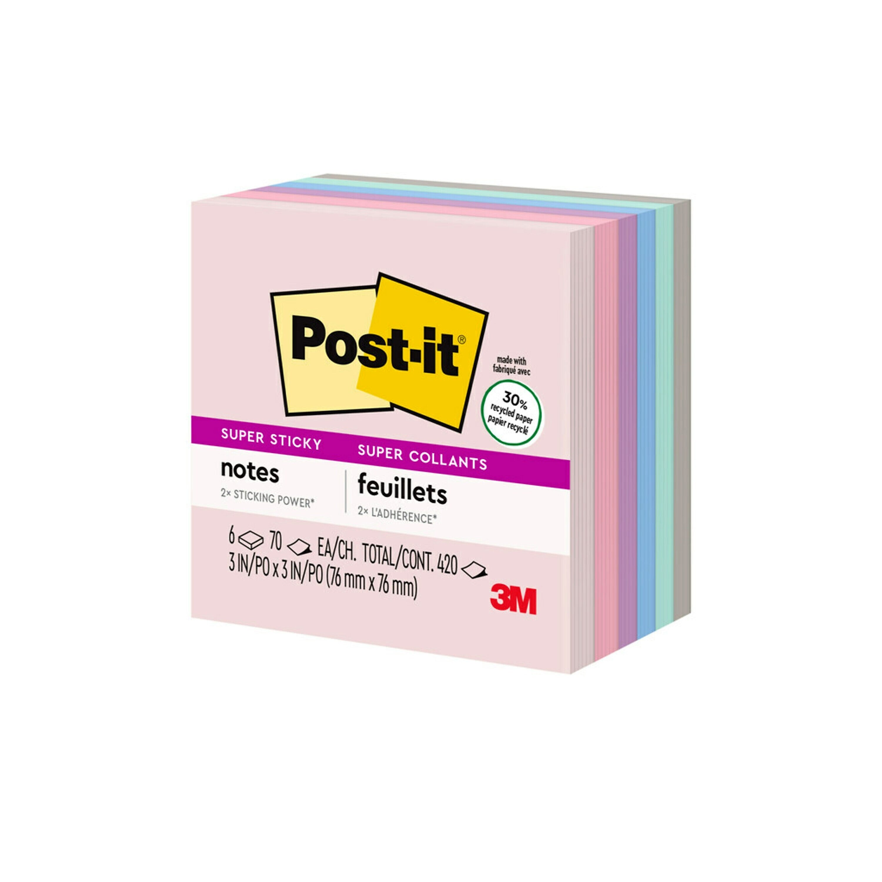 Post-it Super Sticky Notes, 3" x 3", Wanderlust Pastels Collection, 70 Sheet/Pad, 6 Pads/Pack