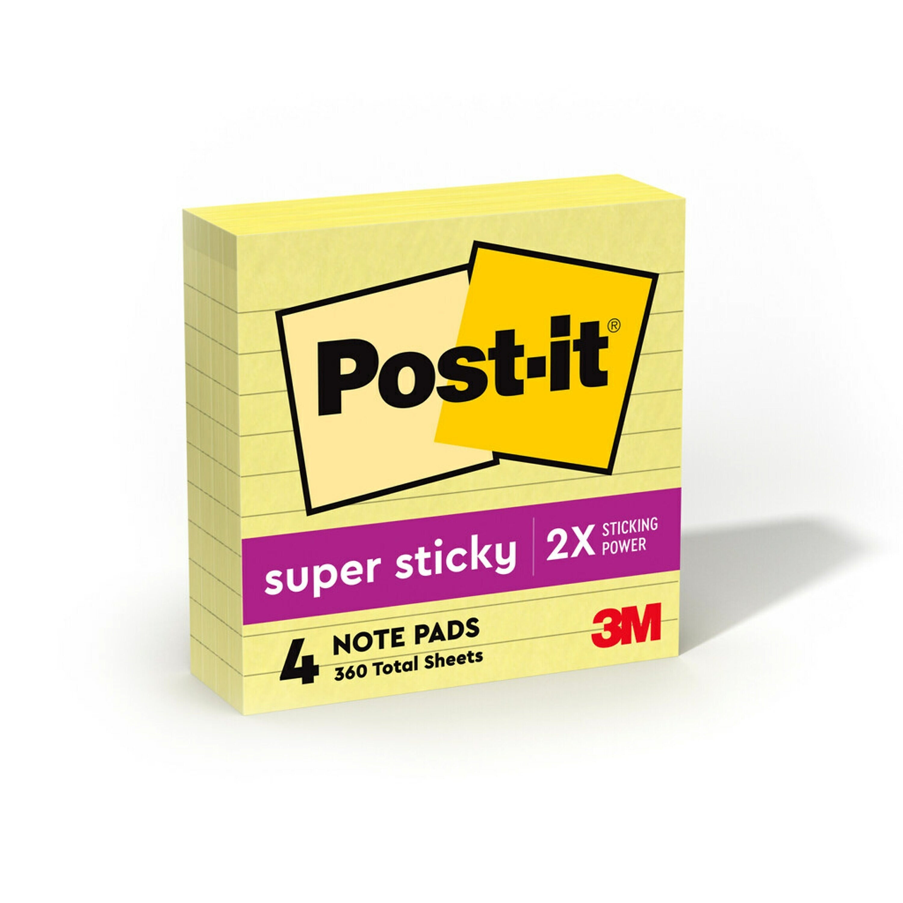 Post-it Super Sticky Notes, 4" x 4", Canary Collection, Lined, 90 Sheet/Pad, 4 Pads/Pack