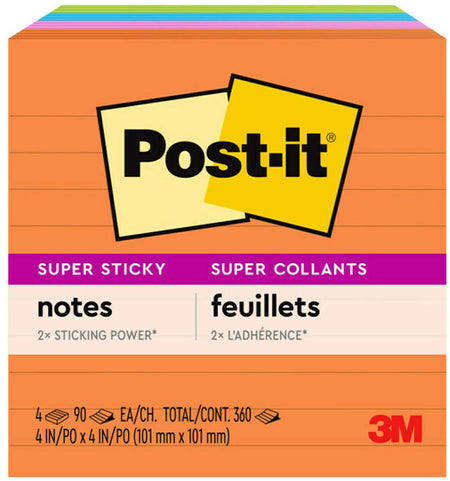 Post-it Super Sticky Notes, 4" x 4", Energy Boost Collection, Lined, 90 Sheet/Pad, 4 Pads/Pack