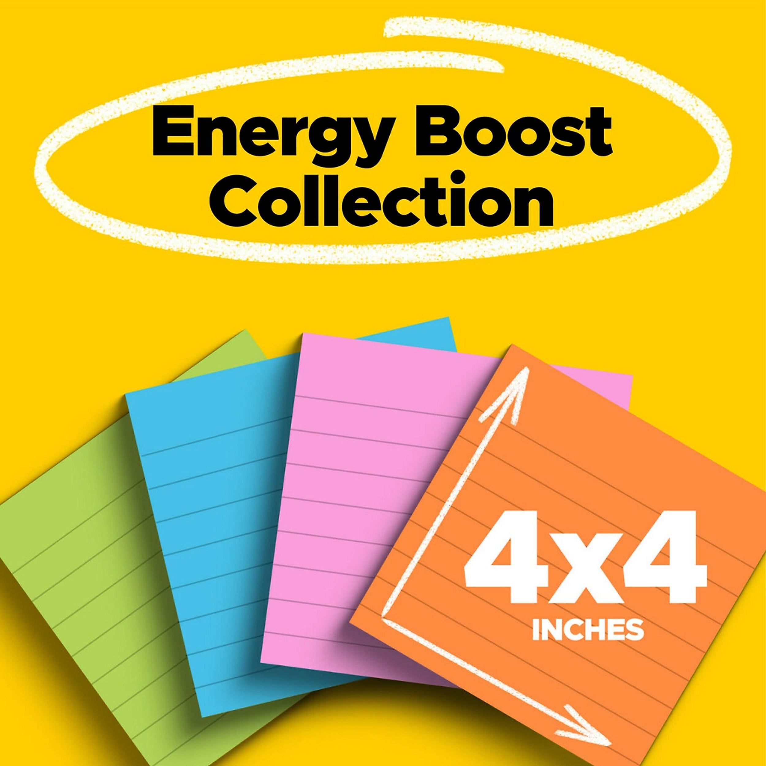 Post-it Super Sticky Notes, 4" x 4", Energy Boost Collection, Lined, 90 Sheet/Pad, 4 Pads/Pack