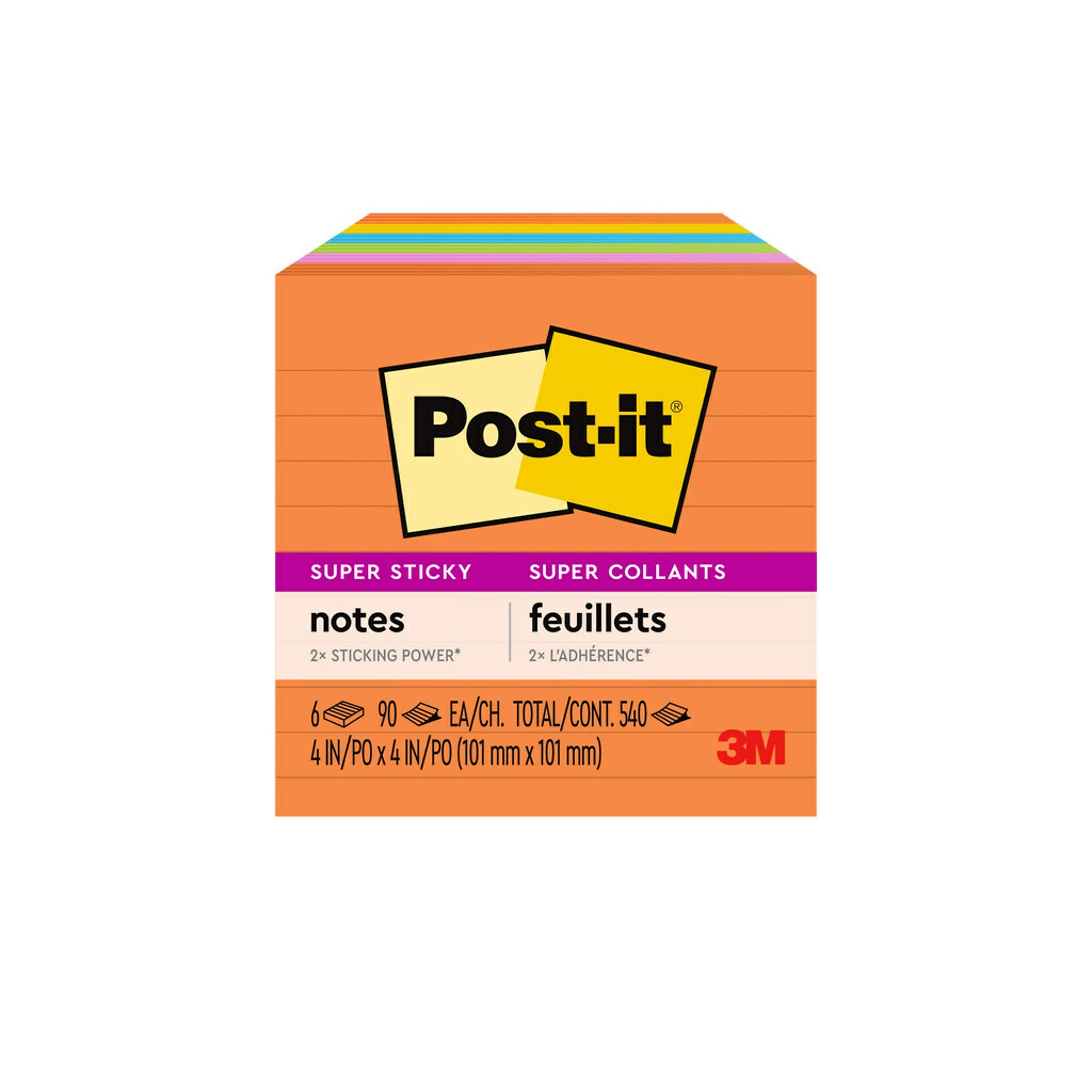 Post-it Super Sticky Notes, 4" x 4", Energy Boost Collection, Lined, 90 Sheet/Pad, 6 Pads/Pack