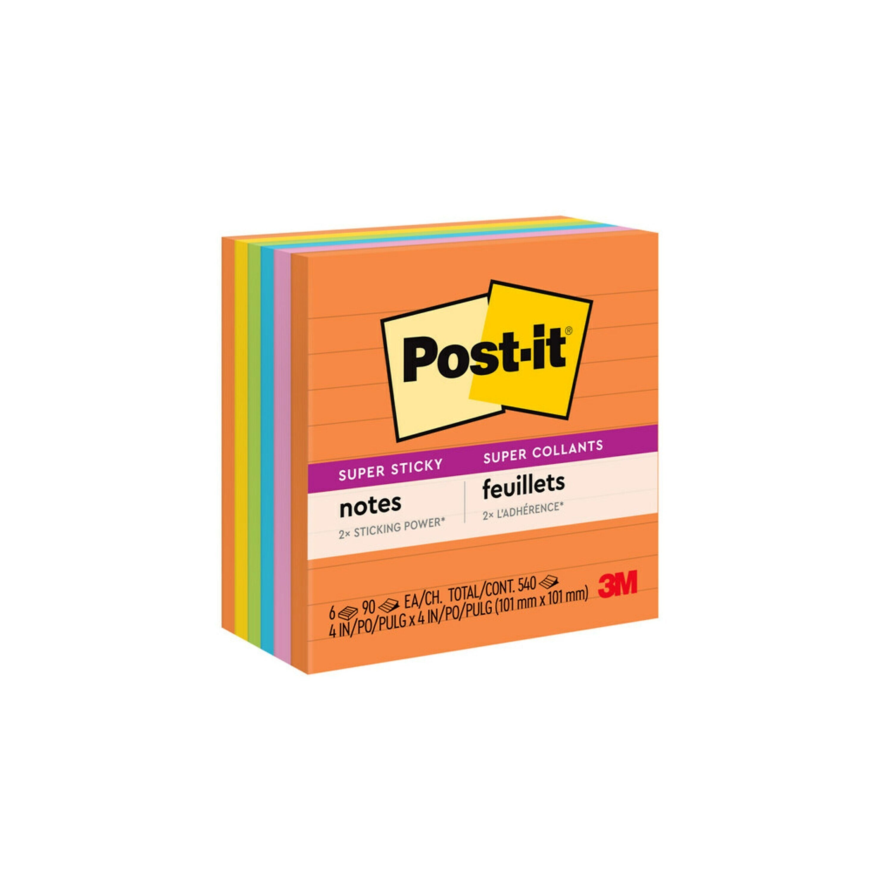 Post-it Super Sticky Notes, 4" x 4", Energy Boost Collection, Lined, 90 Sheet/Pad, 6 Pads/Pack