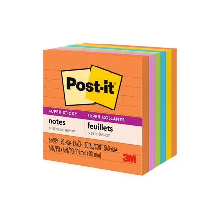 Post-it Super Sticky Notes, 4" x 4", Energy Boost Collection, Lined, 90 Sheet/Pad, 6 Pads/Pack