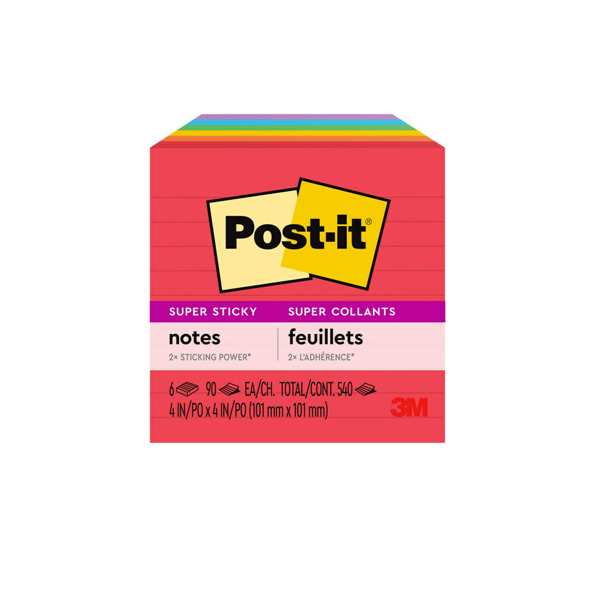 Post-it Super Sticky Notes, 4" x 4", Playful Primaries Collection, Lined, 90 Sheet/Pad, 6 Pads/Pack