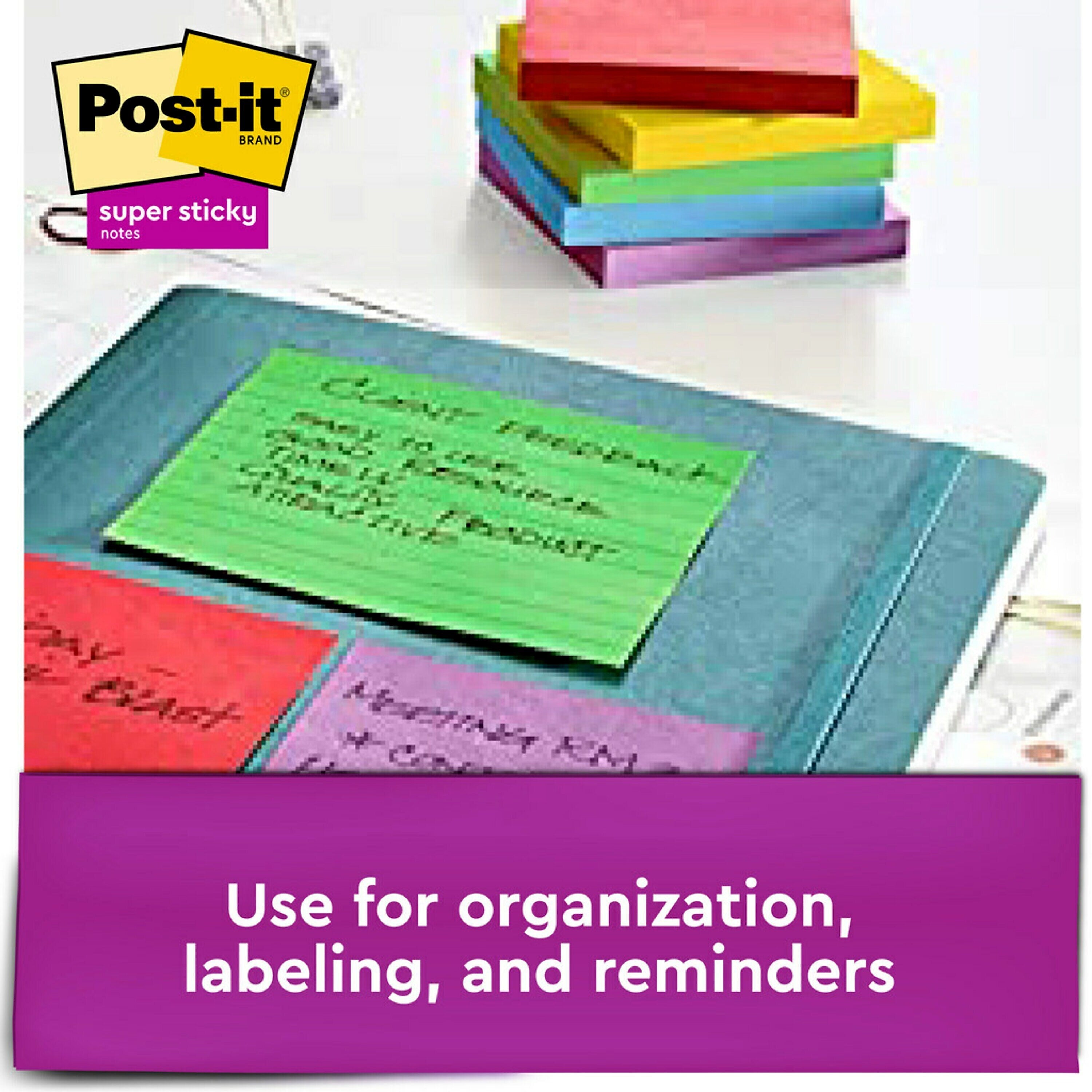 Post-it Super Sticky Notes, 4" x 4", Playful Primaries Collection, Lined, 90 Sheet/Pad, 6 Pads/Pack