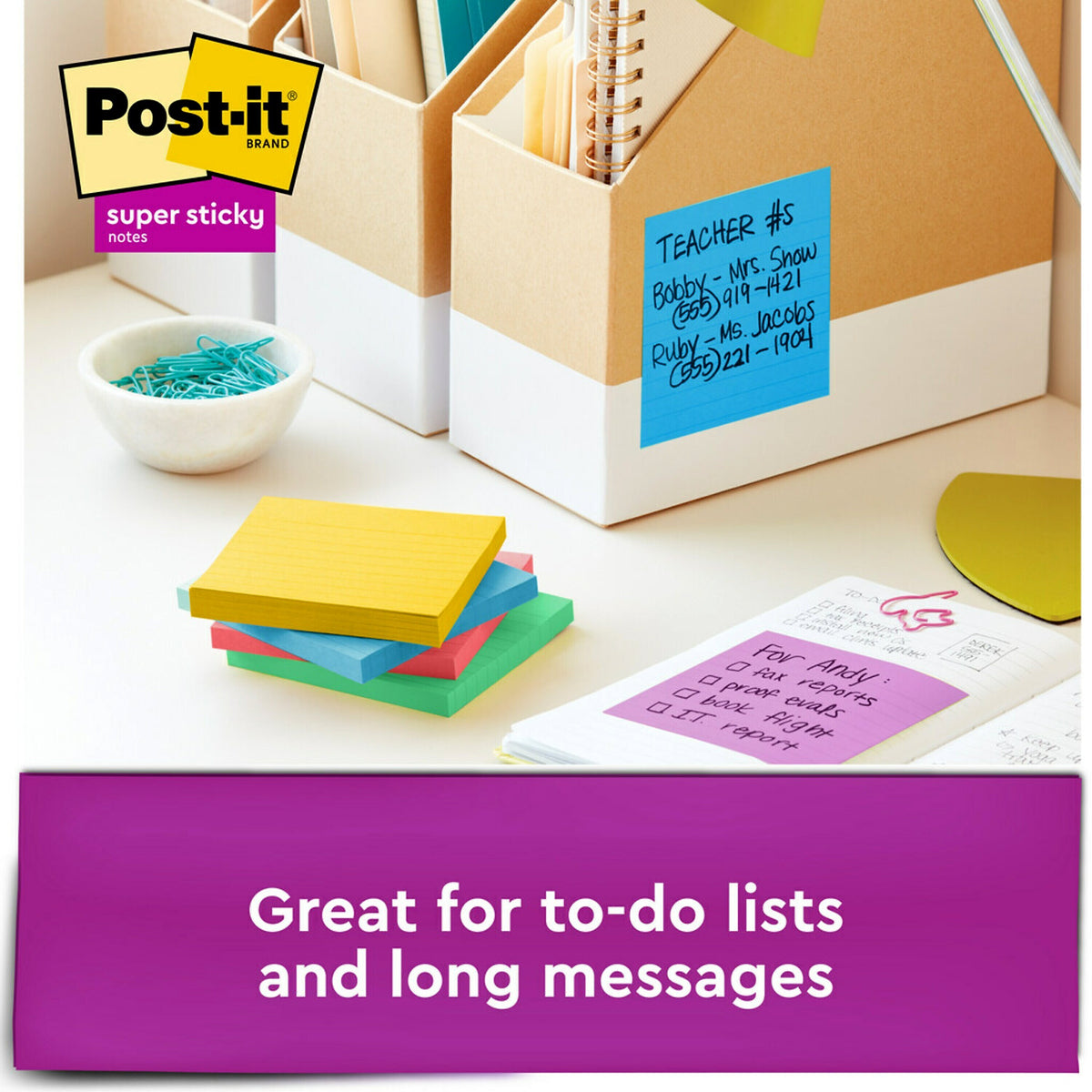 Post-it Super Sticky Notes, 4" x 4", Playful Primaries Collection, Lined, 90 Sheet/Pad, 6 Pads/Pack