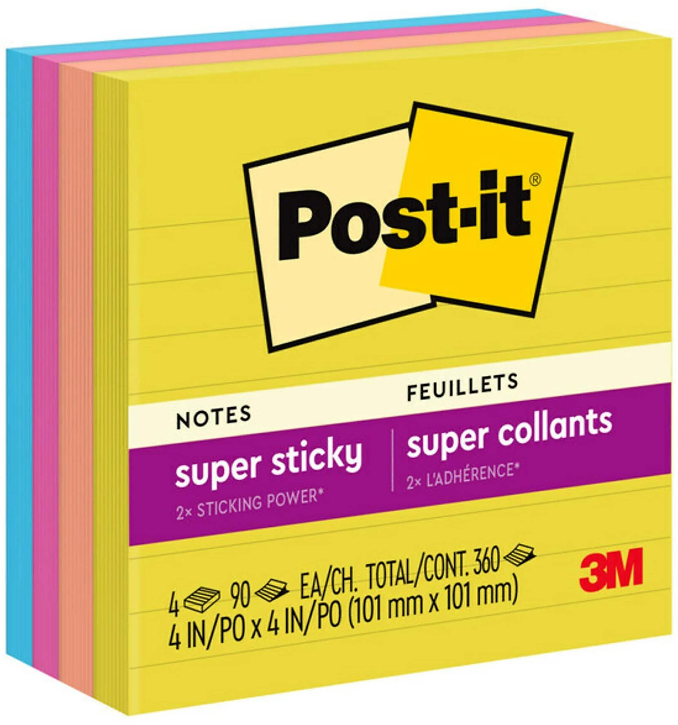 Post-it Super Sticky Notes, 4" x 4", Summer Joy Collection, Lined, 90 Sheet/Pad, 4 Pads/Pack