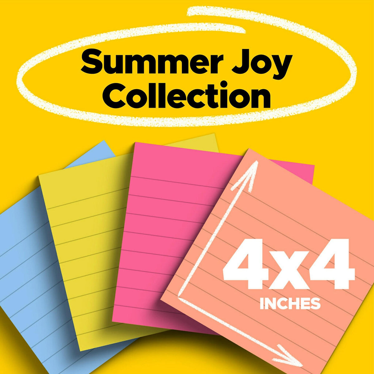 Post-it Super Sticky Notes, 4" x 4", Summer Joy Collection, Lined, 90 Sheet/Pad, 4 Pads/Pack