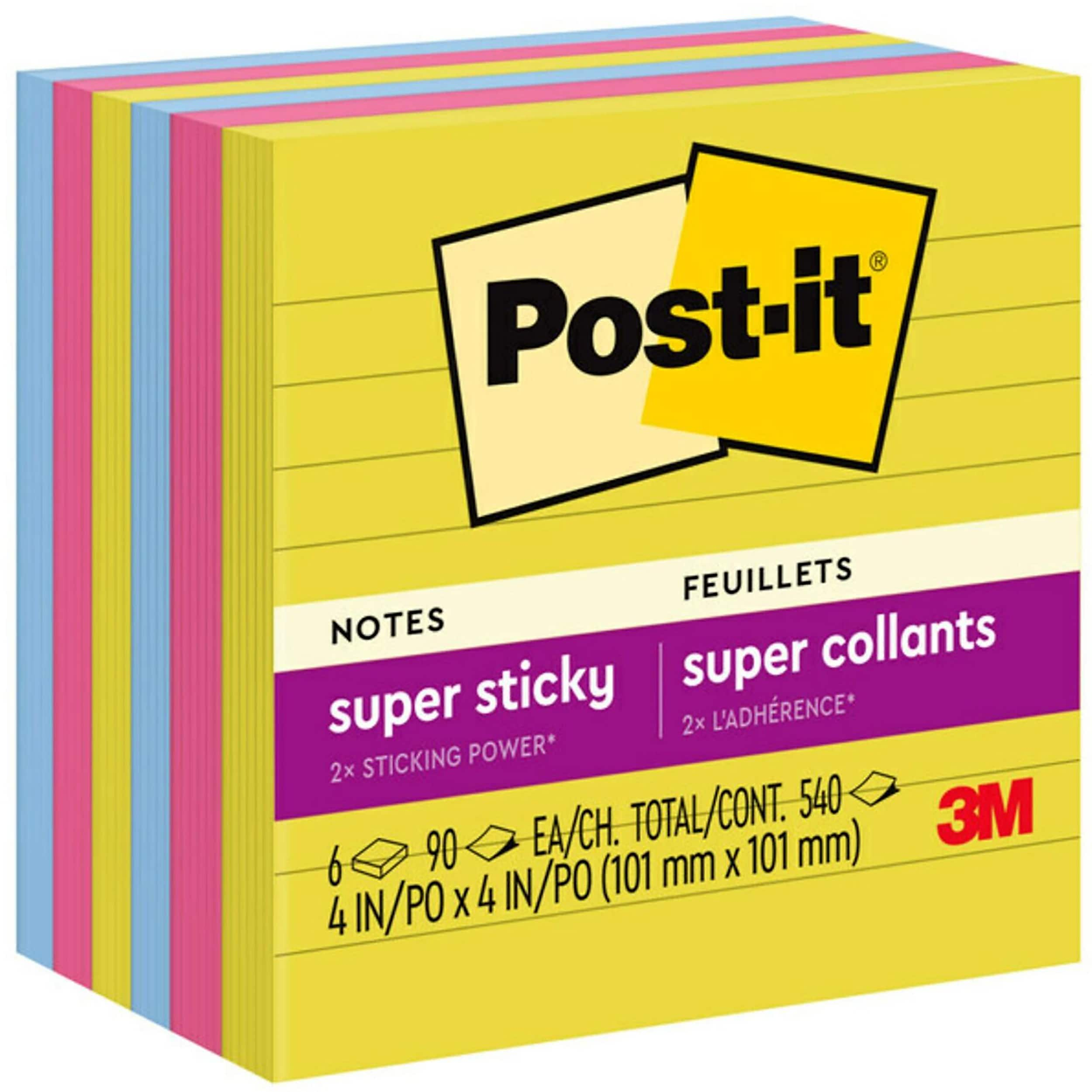 Post-it Super Sticky Notes, 4" x 4", Summer Joy Collection, Lined, 90 Sheet/Pad, 6 Pads/Pack