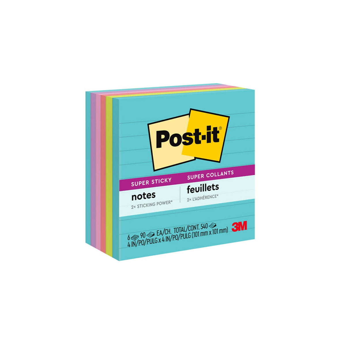 Post-it Super Sticky Notes, 4" x 4", Supernova Neons Collection, Lined, 90 Sheet/Pad, 6 Pads/Pack