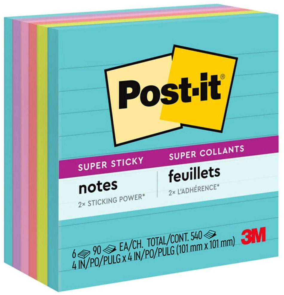 Post-it Super Sticky Notes, 4" x 4", Supernova Neons Collection, Lined, 90 Sheet/Pad, 6 Pads/Pack