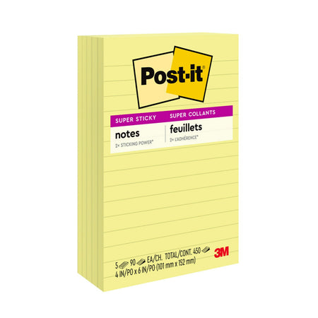 Post-it Super Sticky Notes, 4" x 6", Canary Collection, Lined, 90 Sheet/Pad, 5 Pads/Pack