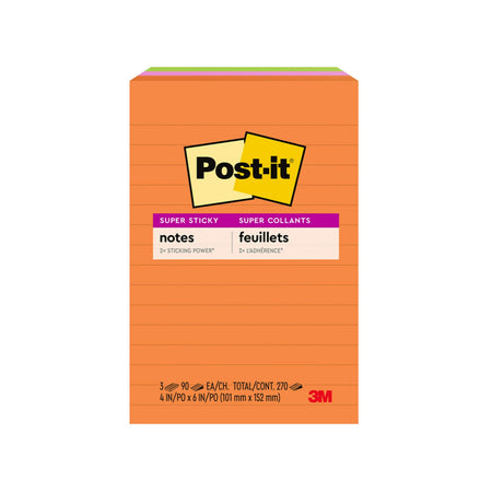 Post-it Super Sticky Notes, 4" x 6", Energy Boost Collection, Lined, 90 Sheet/Pad, 3 Pads/Pack