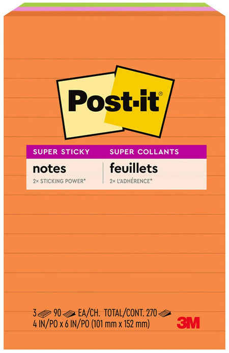 Post-it Super Sticky Notes, 4" x 6", Energy Boost Collection, Lined, 90 Sheet/Pad, 3 Pads/Pack