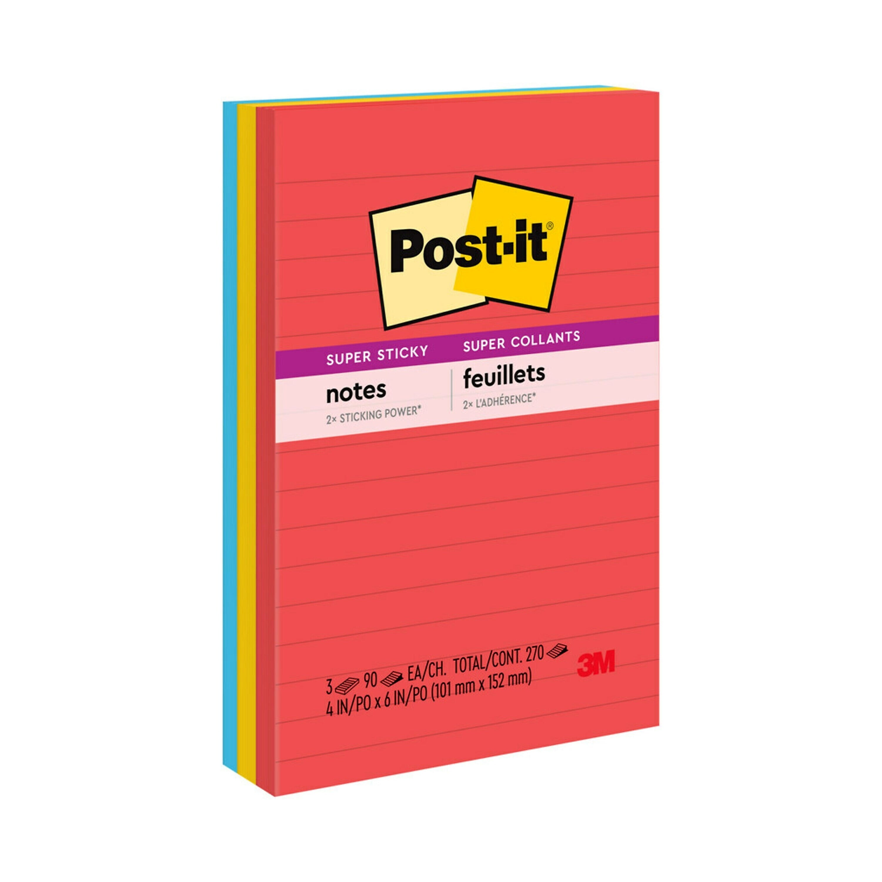 Post-it Super Sticky Notes, 4" x 6", Playful Primaries Collection, Lined, 90 Sheet/Pad, 3 Pads/Pack