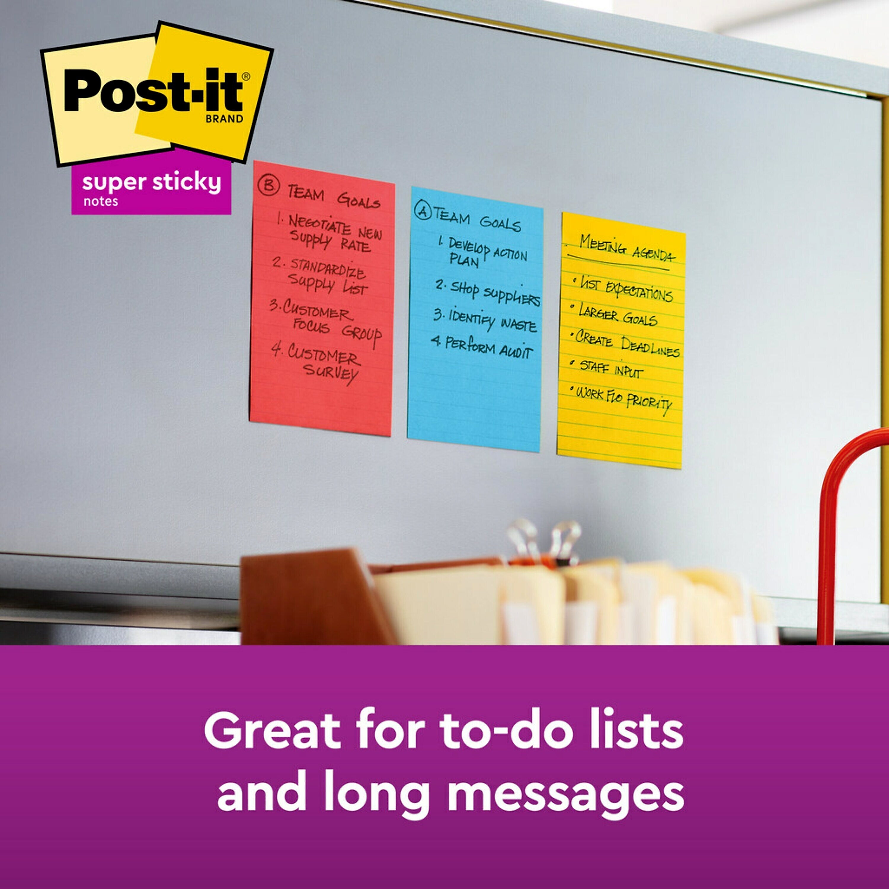 Post-it Super Sticky Notes, 4" x 6", Playful Primaries Collection, Lined, 90 Sheet/Pad, 3 Pads/Pack