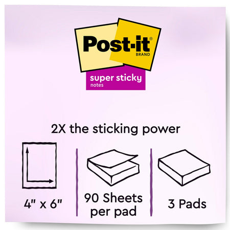 Post-it Super Sticky Notes, 4" x 6", Playful Primaries Collection, Lined, 90 Sheet/Pad, 3 Pads/Pack