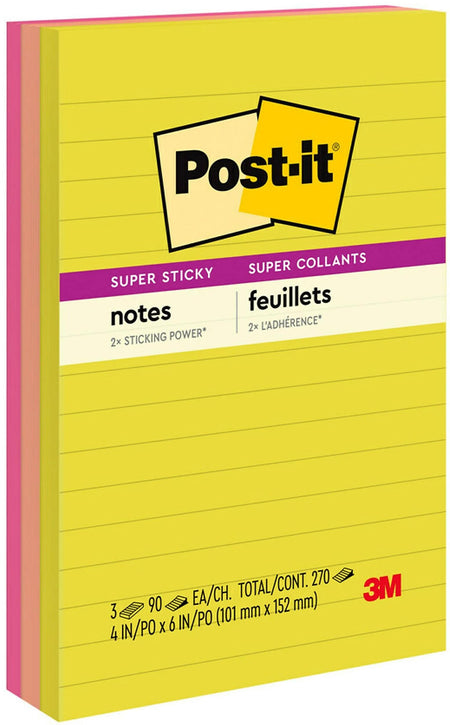 Post-it Super Sticky Notes, 4" x 6", Summer Joy Collection, Lined, 90 Sheet/Pad, 3 Pads/Pack