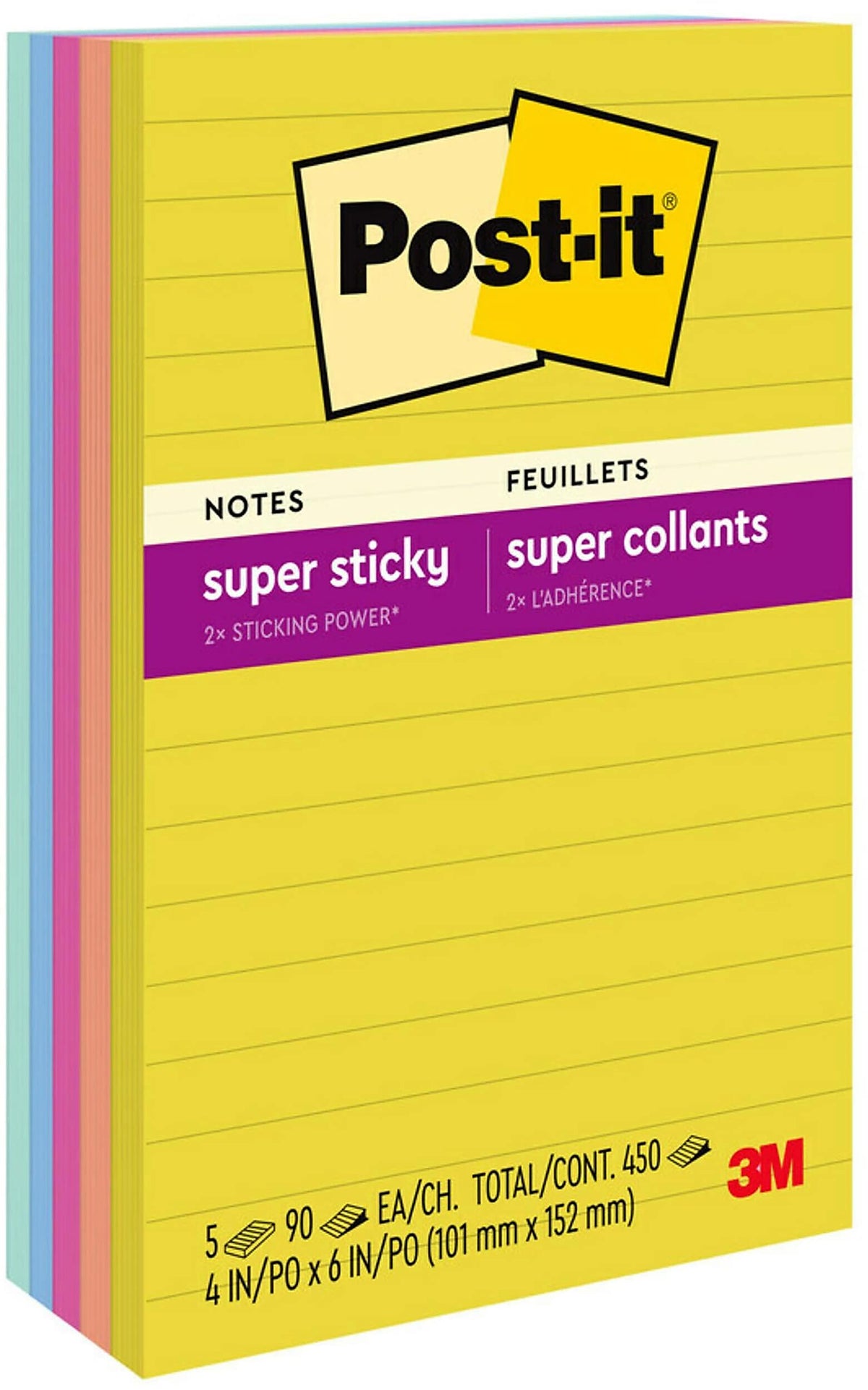 Post-it Super Sticky Notes, 4" x 6", Summer Joy Collection, Lined, 90 Sheet/Pad, 5 Pads/Pack