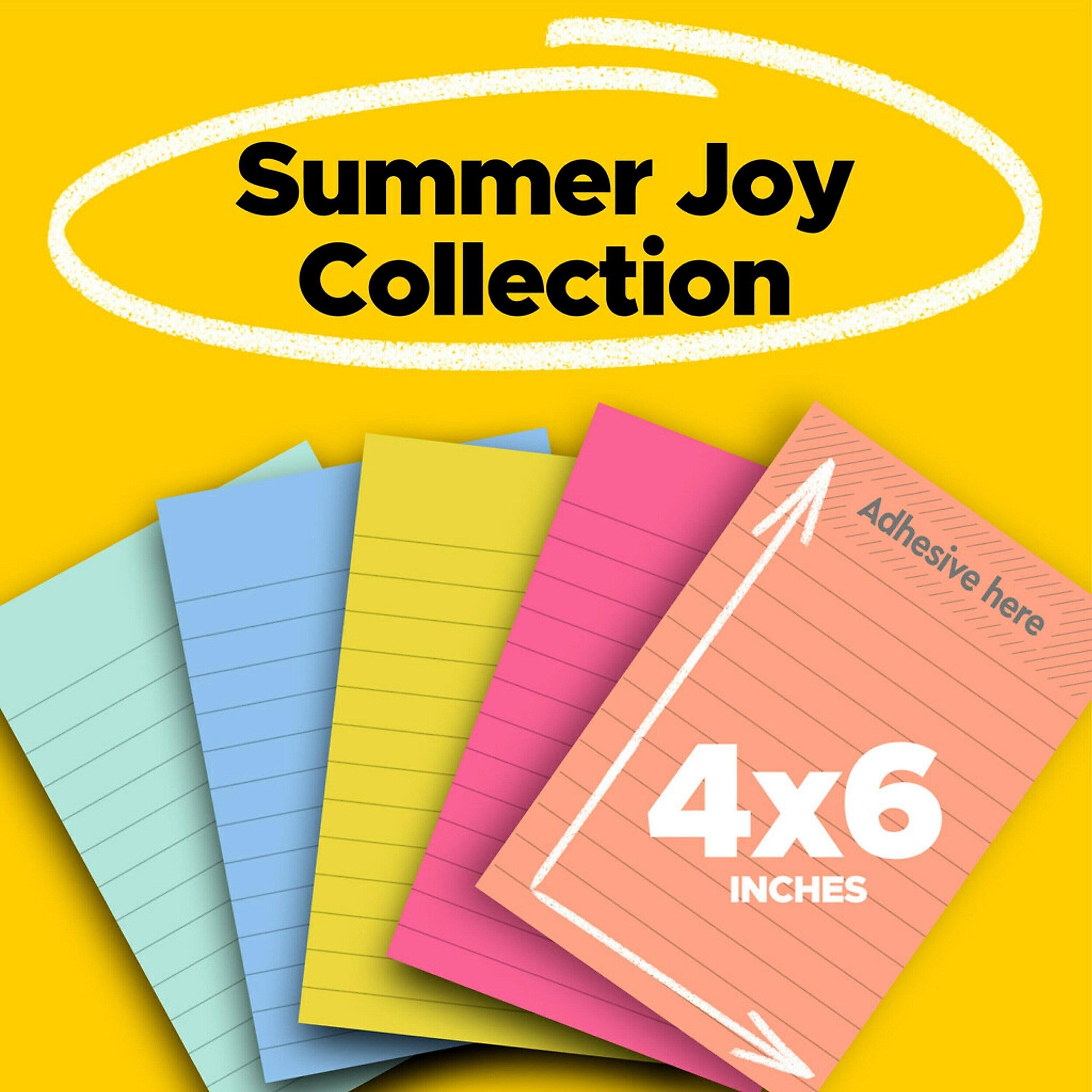 Post-it Super Sticky Notes, 4" x 6", Summer Joy Collection, Lined, 90 Sheet/Pad, 5 Pads/Pack