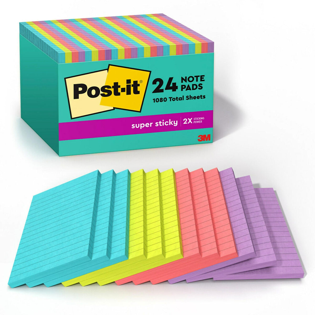 Post-it Super Sticky Notes, 4" x 6", Supernova Neons Collection, Lined, 45 Sheet/Pad, 24 Pads/Pack