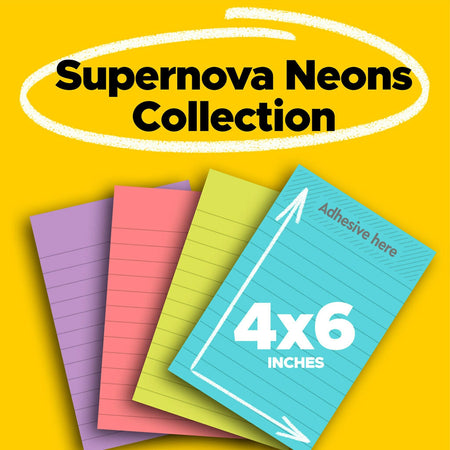 Post-it Super Sticky Notes, 4" x 6", Supernova Neons Collection, Lined, 45 Sheet/Pad, 24 Pads/Pack