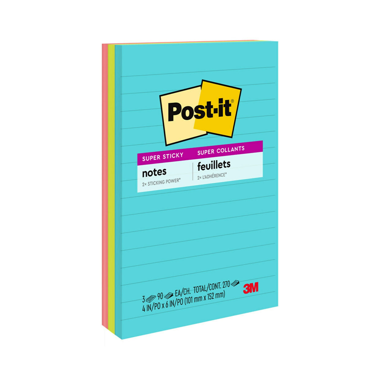 Post-it Super Sticky Notes, 4" x 6", Supernova Neons Collection, Lined, 90 Sheet/Pad, 3 Pads/Pack