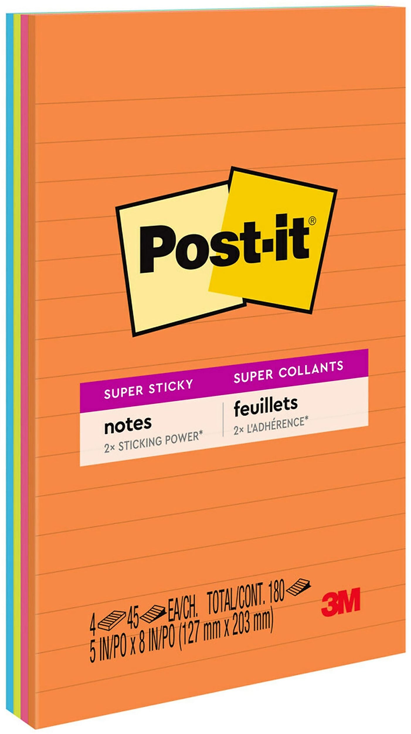 Post-it Super Sticky Notes, 5" x 8", Energy Boost Collection, Lined, 45 Sheet/Pad, 4 Pads/Pack