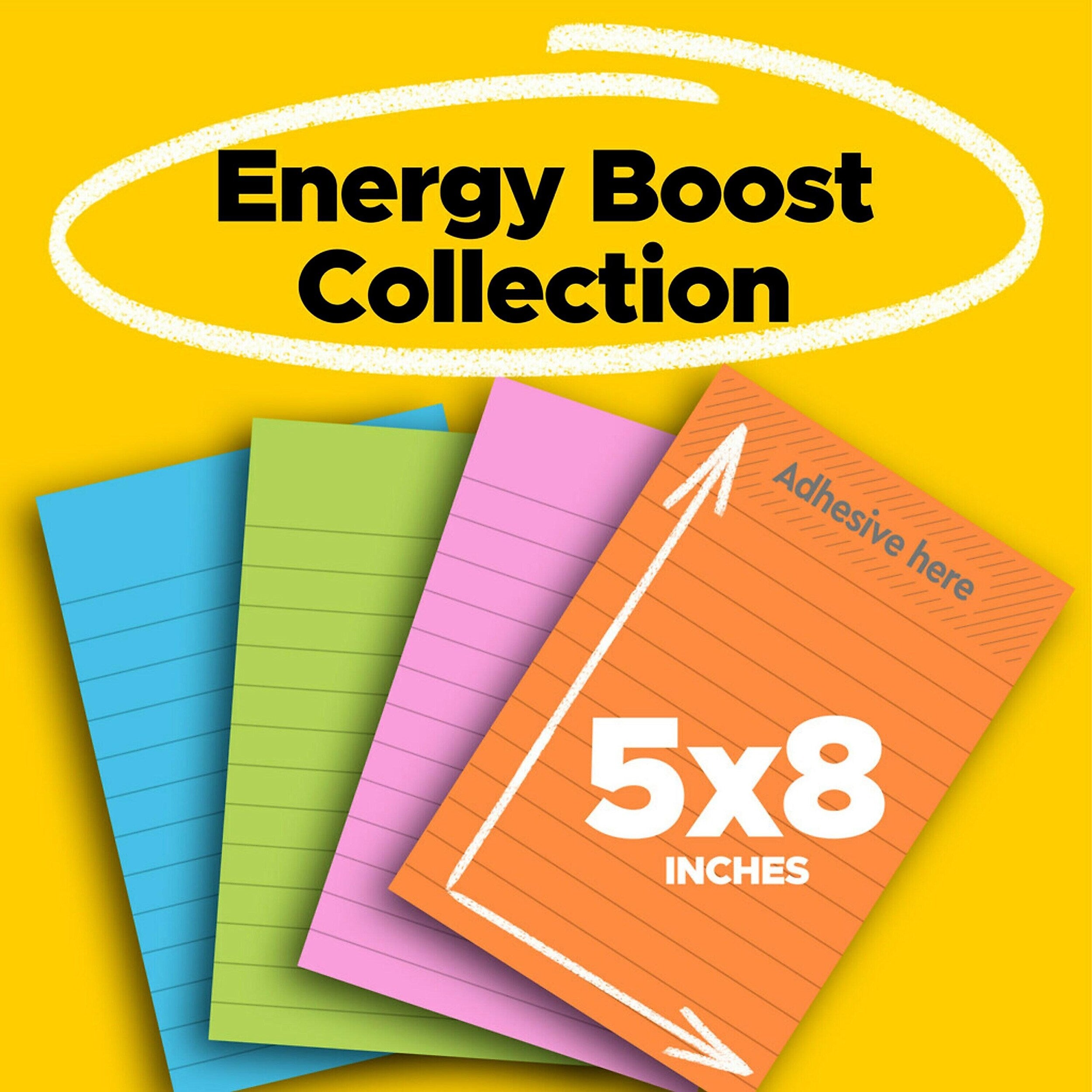 Post-it Super Sticky Notes, 5" x 8", Energy Boost Collection, Lined, 45 Sheet/Pad, 4 Pads/Pack