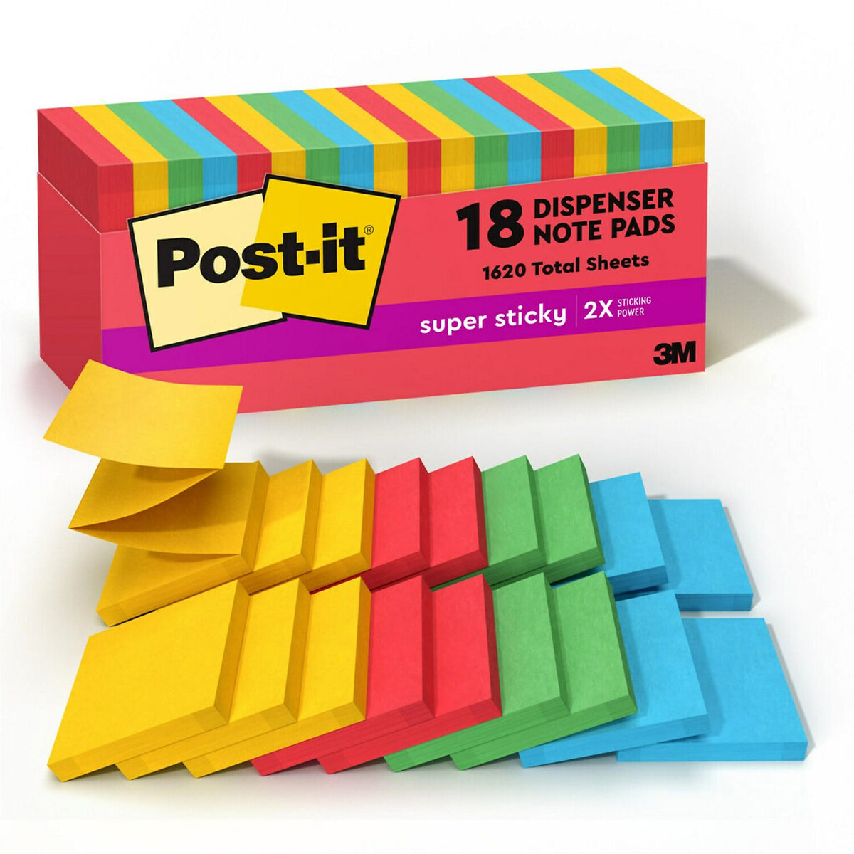 Post-it Super Sticky Pop-up Notes, 3" x 3", Playful Primaries Collection, 90 Sheet/Pad, 18 Pads/Pack