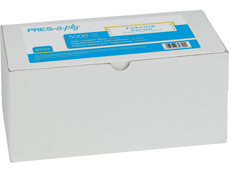 Pres-a-ply Dot Matrix Address Labels, 15/16" x 3 1/2", White, 1/Sheet, 5000 Sheets/Box