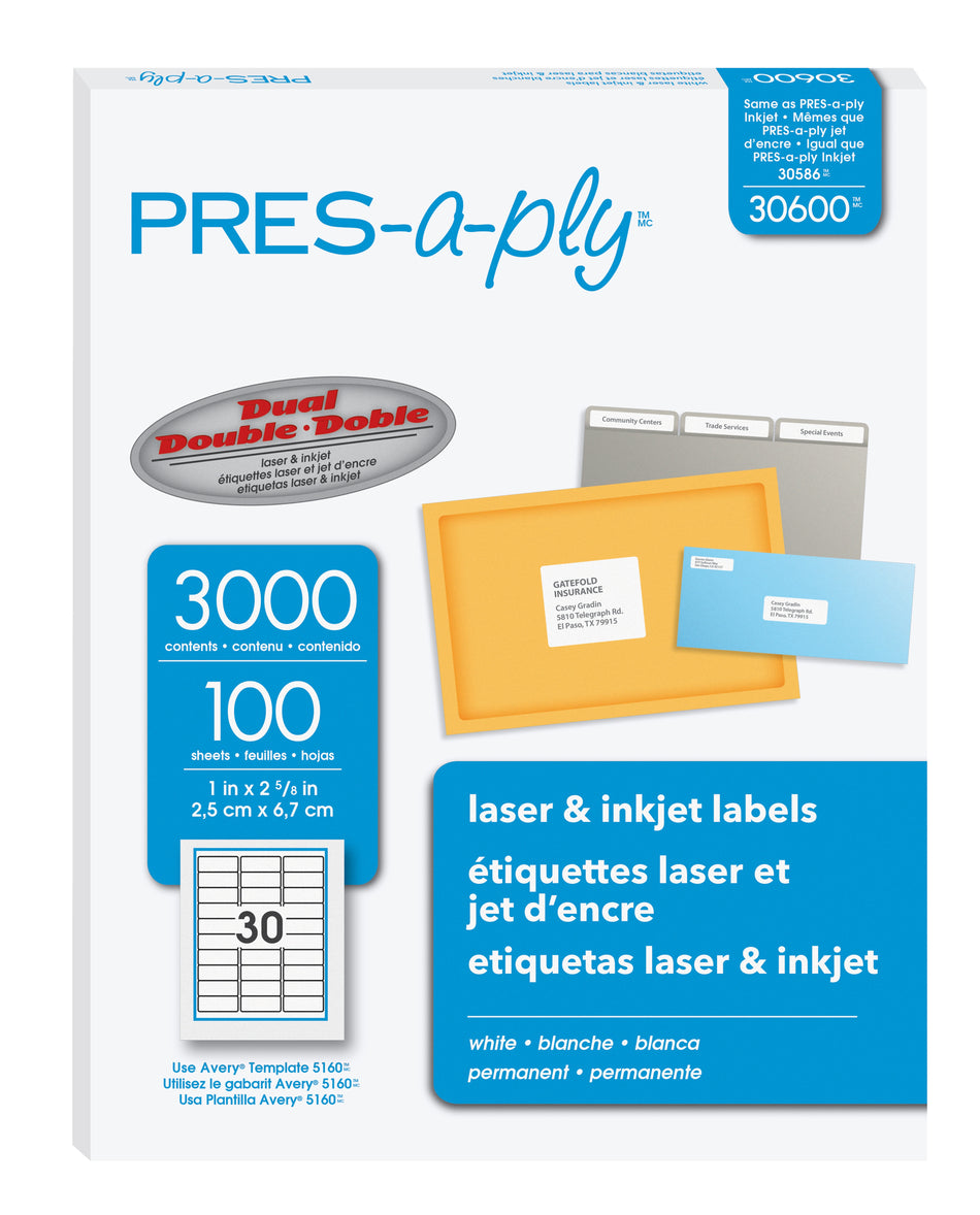 PRES-a-ply Laser/Inkjet Address Labels, 1" x 2-5/8", White, 30 Labels/Sheet, 100 Sheets/Box