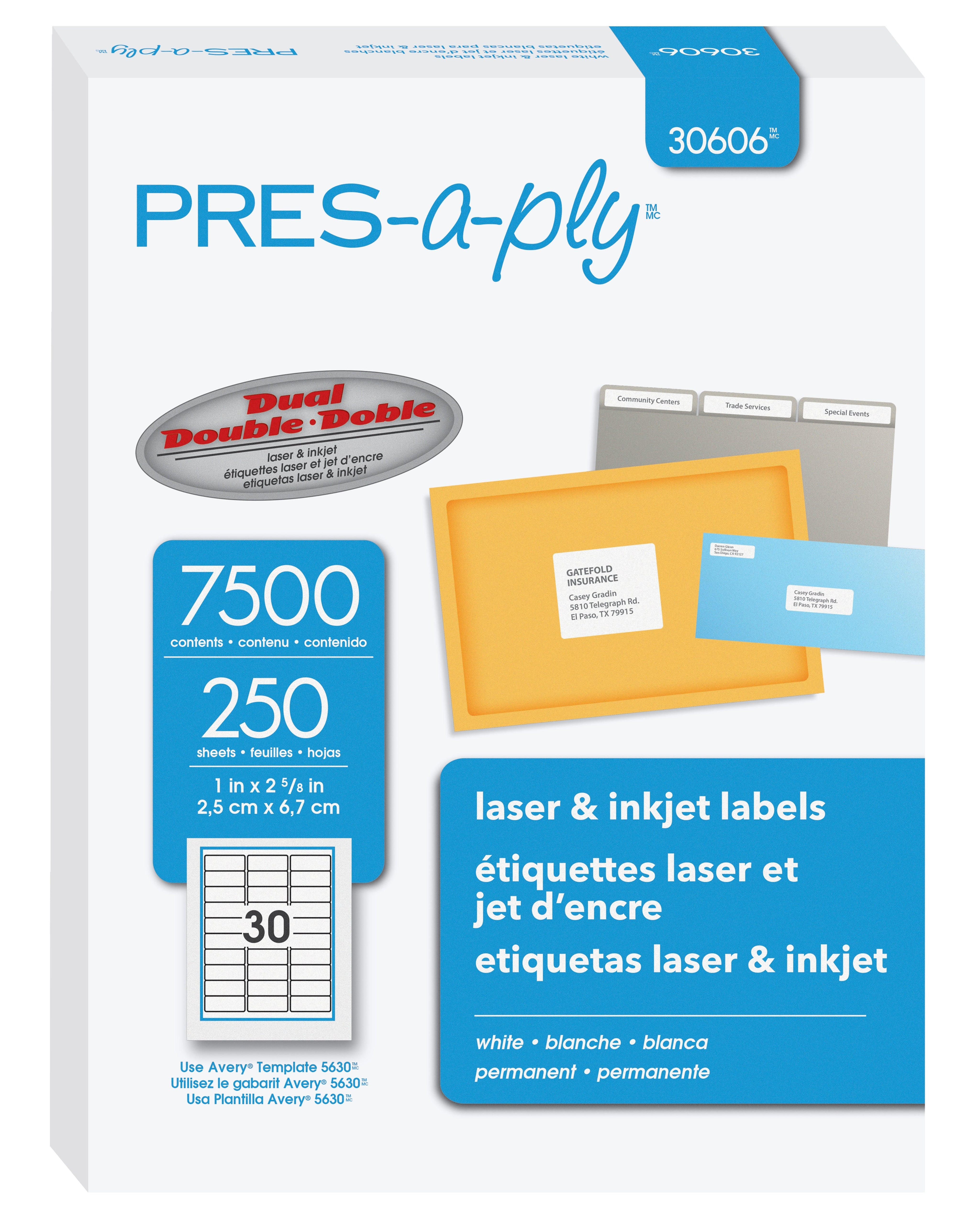 PRES-a-ply Laser/Inkjet Address Labels, 1" x 2-5/8", White, 30 Labels/Sheet, 250 Sheets/Box