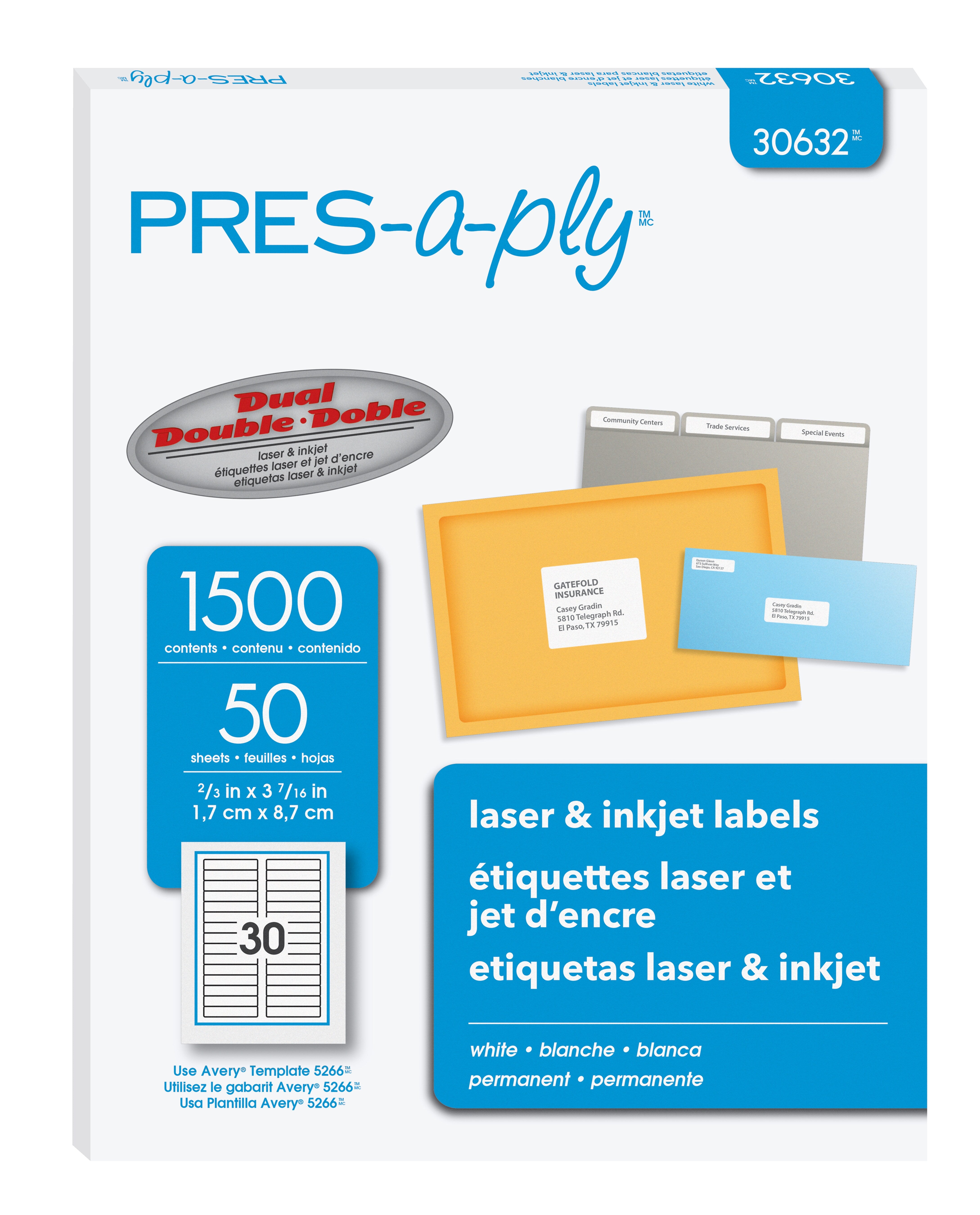 Pres-a-ply Laser/Inkjet File Folder Labels, 2/3
