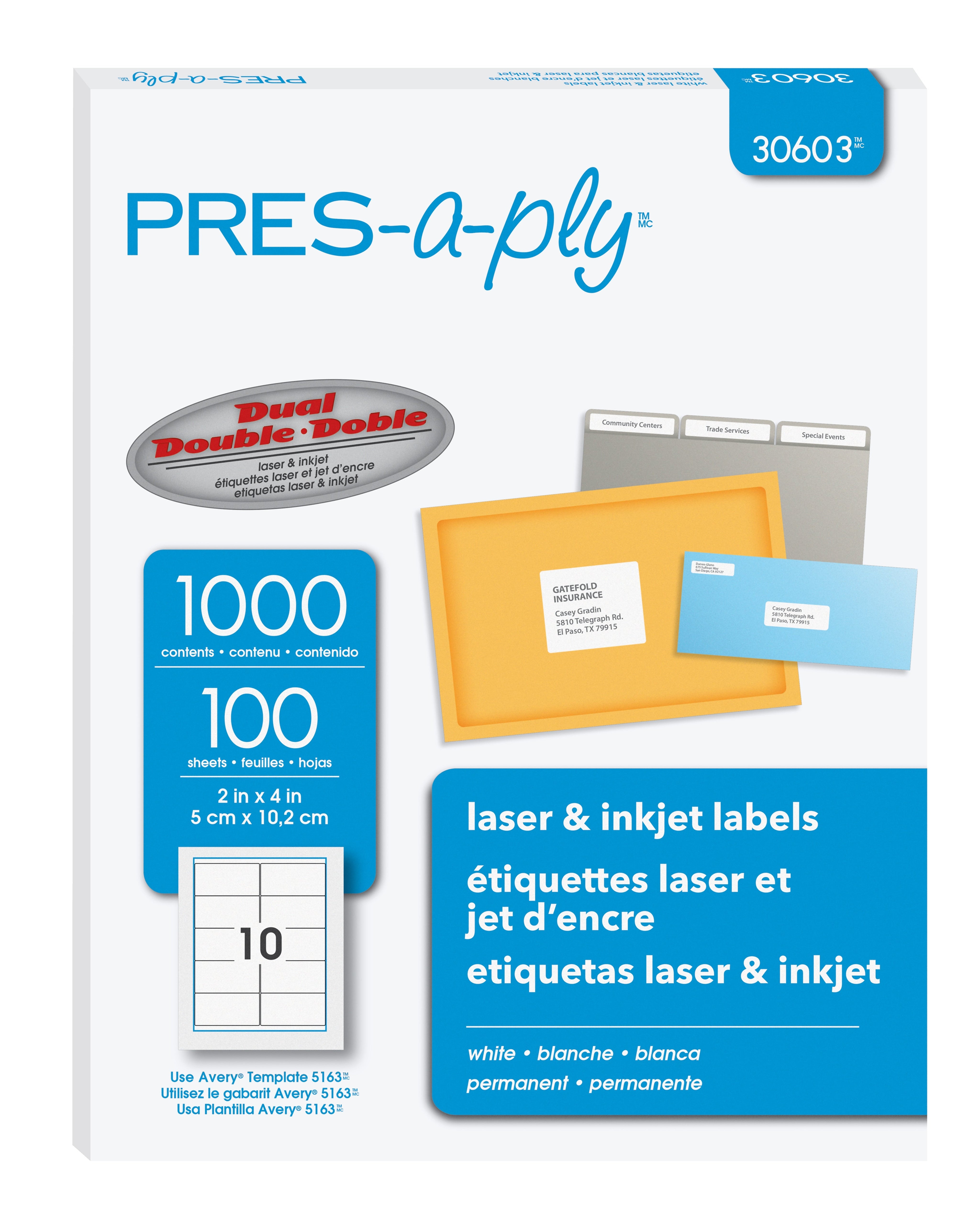 PRES-a-ply Laser/Inkjet Shipping Labels, 2" x 4", White, 10 Labels/Sheet, 100 Sheets/Box