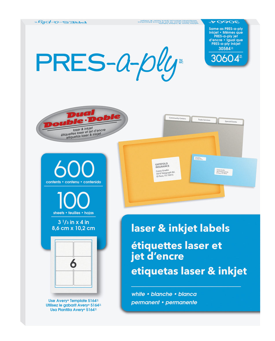 PRES-a-ply Laser/Inkjet Shipping Labels, 3-1/3" x 4", White, 6 Labels/Sheet, 100 Sheets/Box