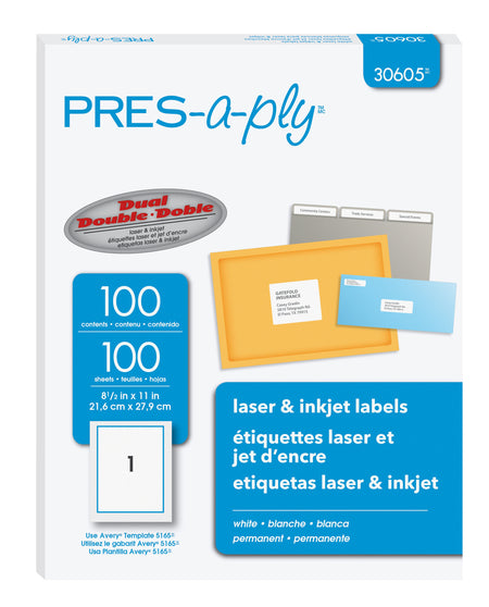 PRES-a-ply Laser/Inkjet Shipping Labels, 8-1/2" x 11", White, 1 Label/Sheet, 100 Sheets/Box