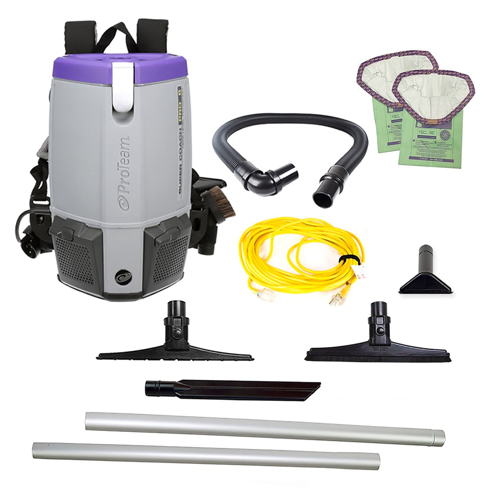 ProTeam Super Coach Pro 6, 6 qt. Backpack Vacuum w/ 15" Carpet & Hard Surface Sidewinder Tool Kit